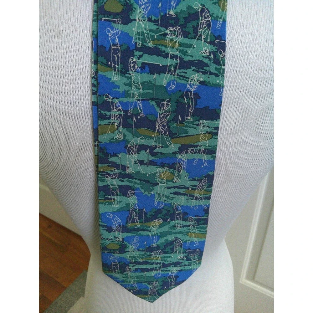 NEW Marja Kurki 100% Silk Tie  Blue and Green Golf Print
